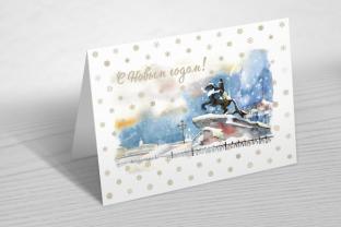 Новогодние открытки двойные акварель Санкт-Петербург "Медный всадник"