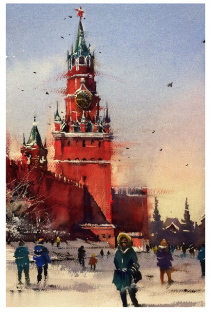Открытка почтовая для посткроссинга зимняя акварель России Москва "Спасская башня, зима"