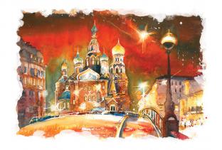 Открытка Санкт-Петербург акварель «Храм Спаса-на-Крови, ночь»