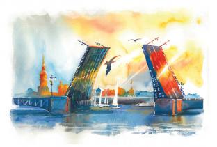 Открытка Санкт-Петербург акварель «Дворцовый мост, день»