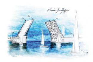 Открытка Санкт-Петербург тушь акварель «Дворцовый мост»