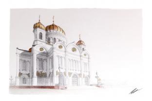 Открытка Москва карандаш «Храм Христа Спасителя»