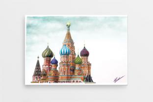 Сувенирный закатный магнит на холодильник Москва серия «Цветной карандаш» - «Собор Василия Блаженного»