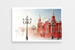Сувенирный закатный магнит на холодильник Москва серия «Цветной карандаш» - «Исторический музей»