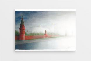 Сувенирный закатный магнит на холодильник Москва серия «Цветной карандаш» - «Кремль, вид с Каменного моста»
