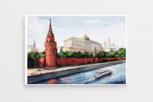 Сувенирный закатный магнит на холодильник Москва серия «Акварель» - «Кремль, вид с Каменного моста»