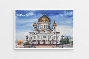 Сувенирный закатный магнит на холодильник Москва серия «Акварель» - «Храм Христа Спасителя»