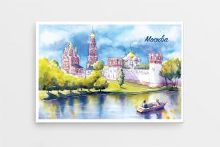 Сувенирный закатный магнит на холодильник Москва серия «Акварель» - «Новодевичий монастырь»